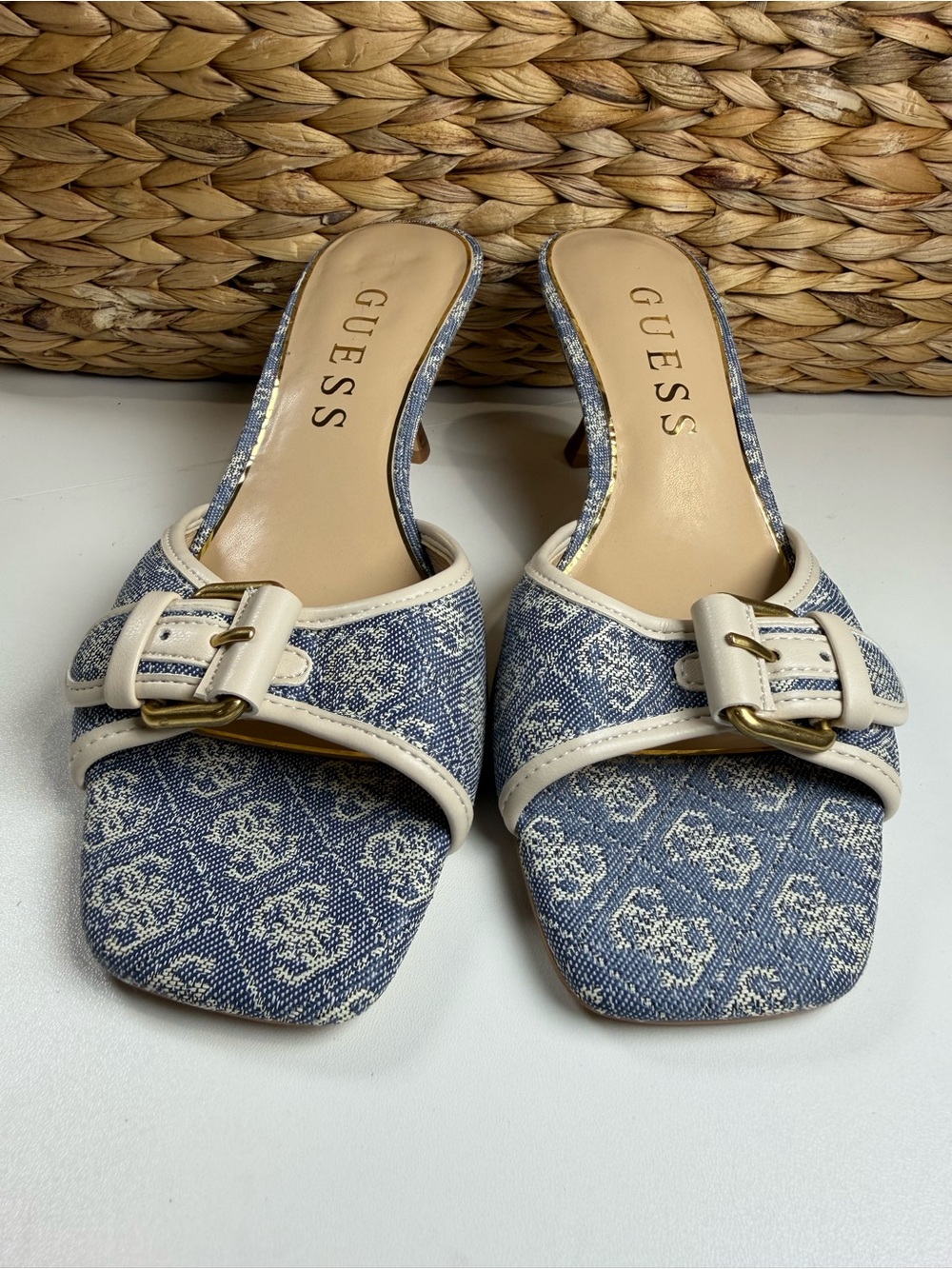 GUESS Denim Logo Buckle Slip-On Mules in Blue and Cream - Picture 2 of 7